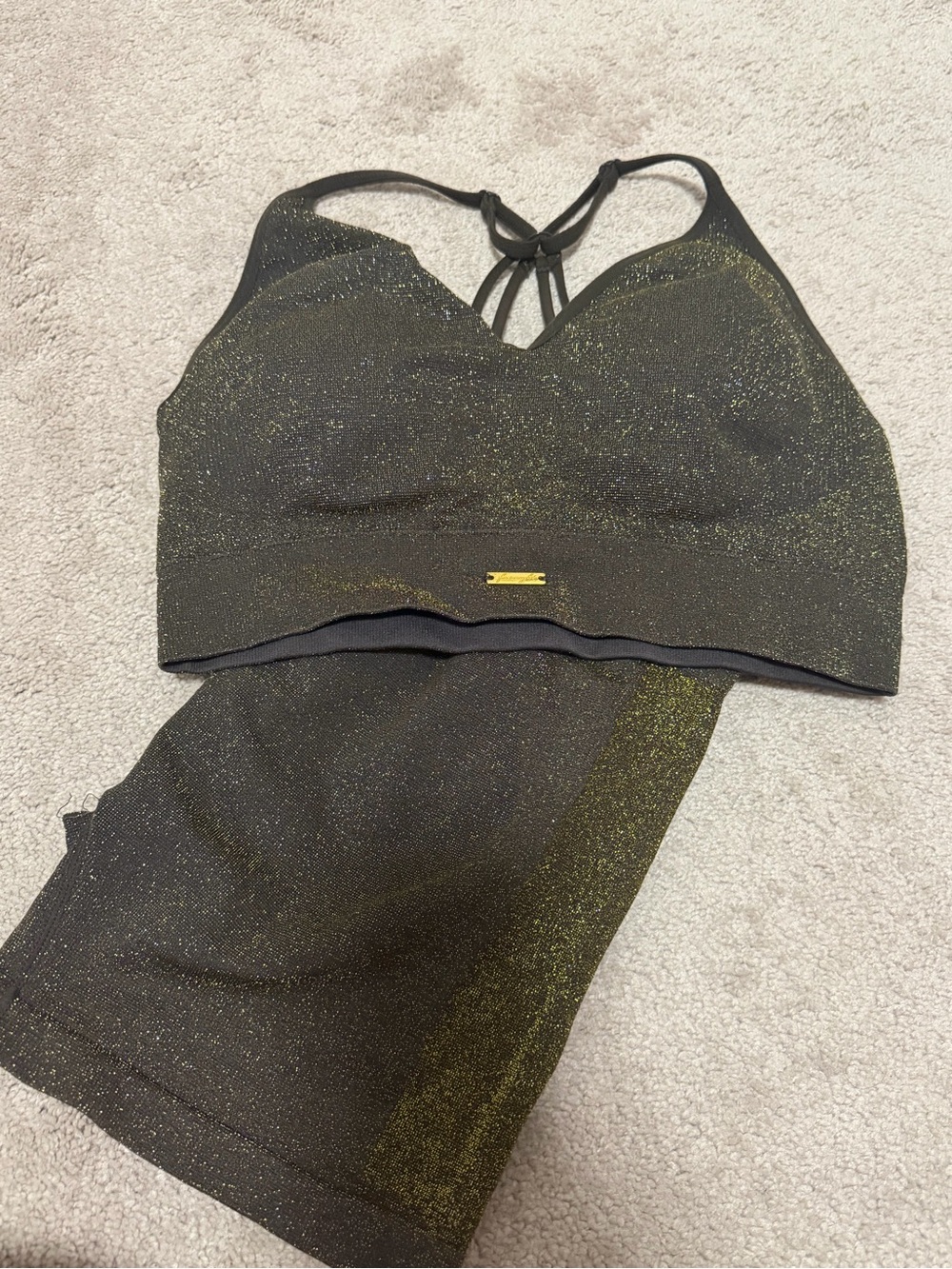 Olive green Shimmery Sports Bra/Workout shorts Set with Gold Accent